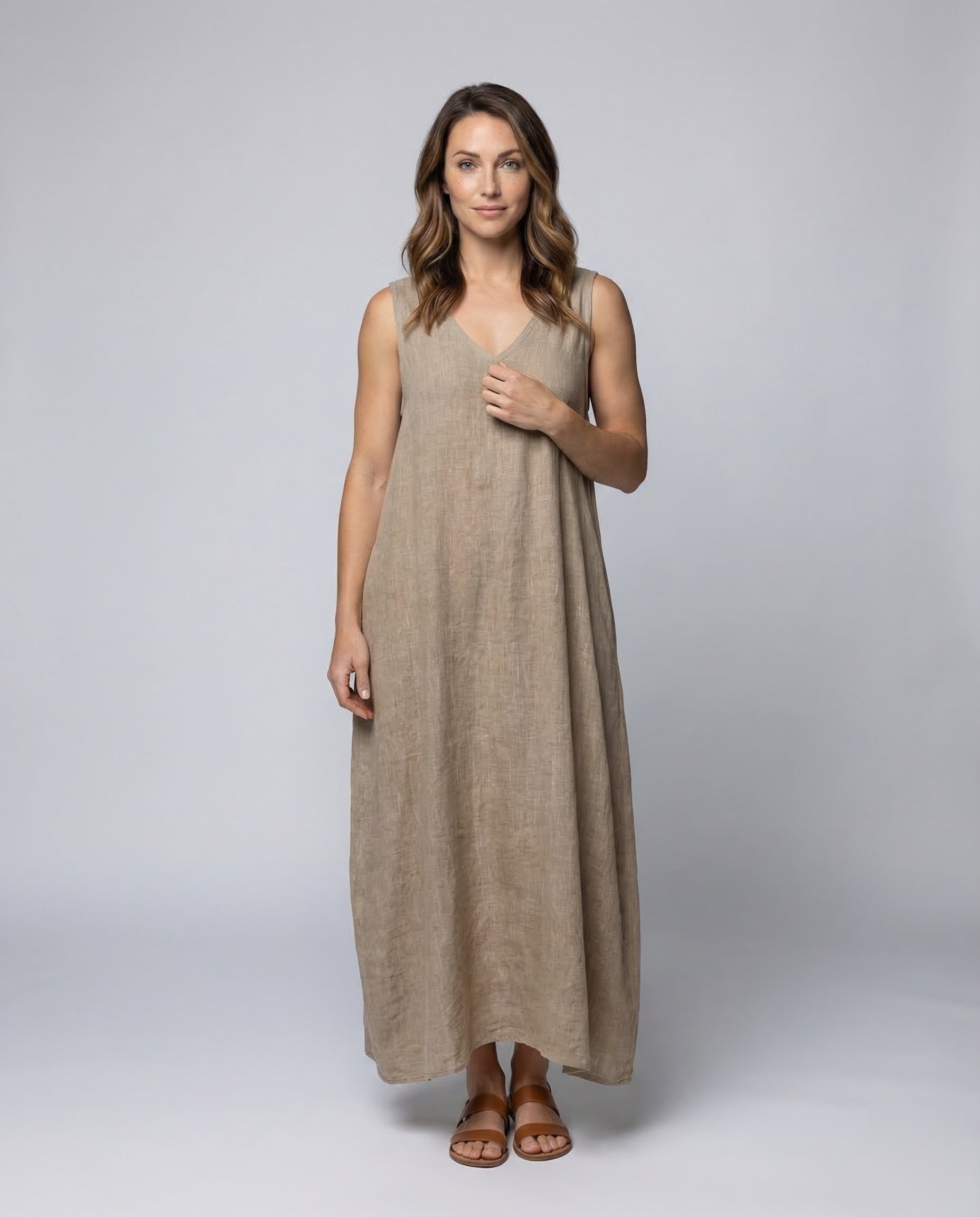 Damen Leinen Midaxi-Kleid Runder Saum - Norvielle