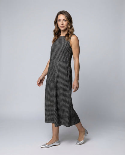 Damen Midikleid Leinenmix Feine Streifen Schwarz - Norvielle