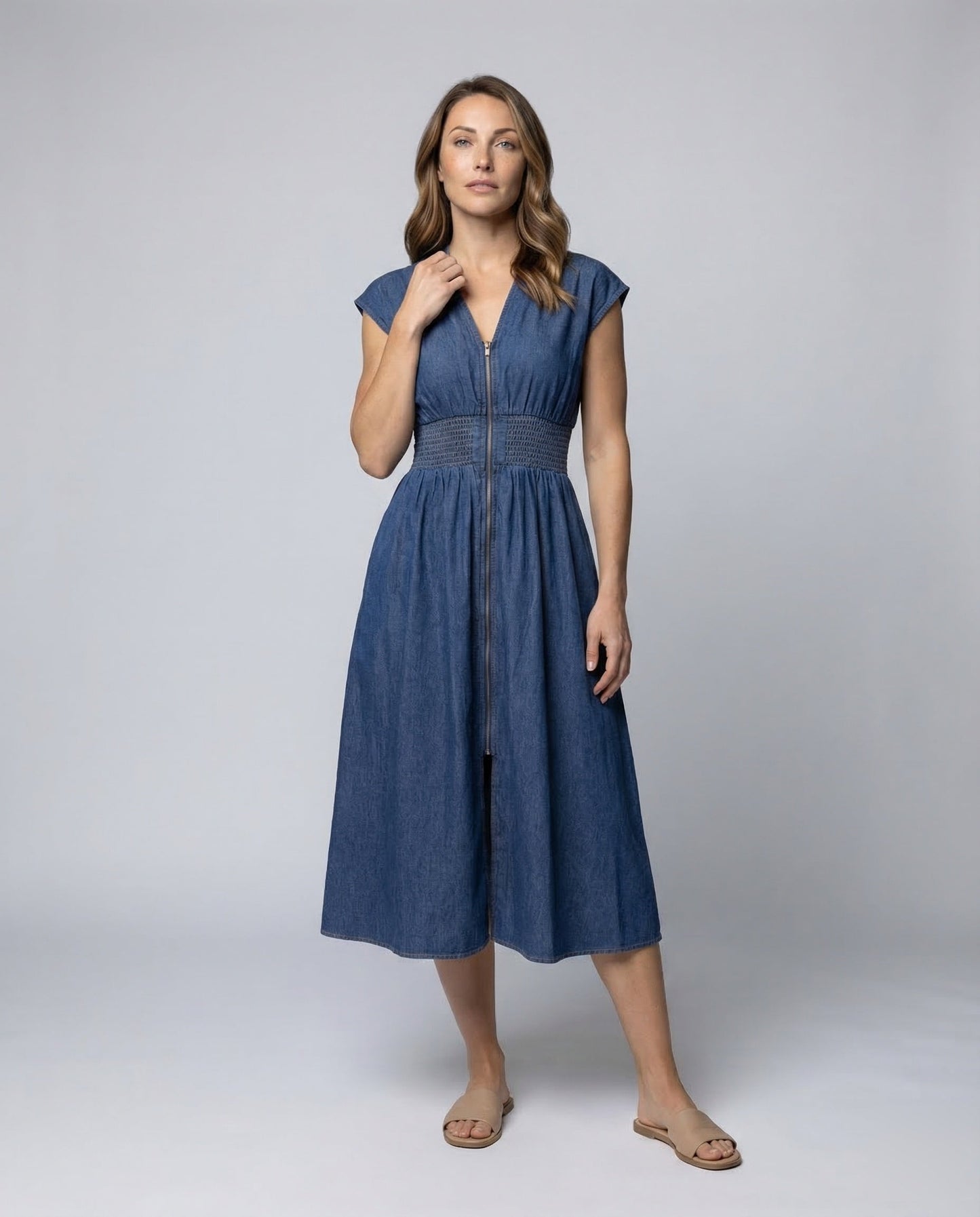 Damen Midikleid Chambray Durchgehender Reißverschluss Blau - Norvielle