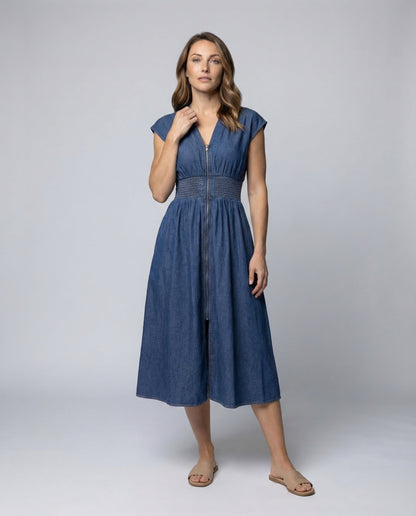 Damen Midikleid Chambray Durchgehender Reißverschluss Blau - Norvielle