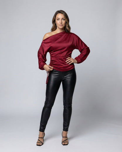 Damen Satinbluse Asymmetrisch Ballonärmel - Norvielle