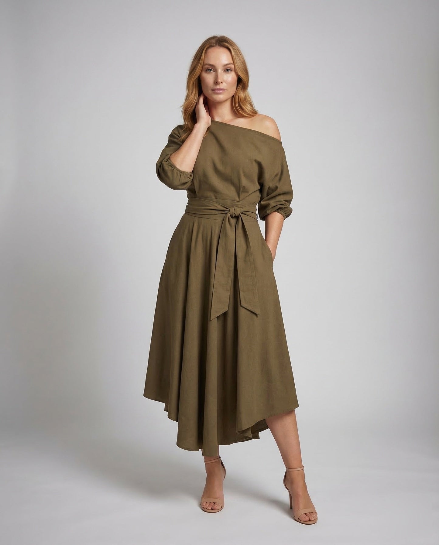 Damen Midikleid One-Shoulder Bindegürtel - Norvielle