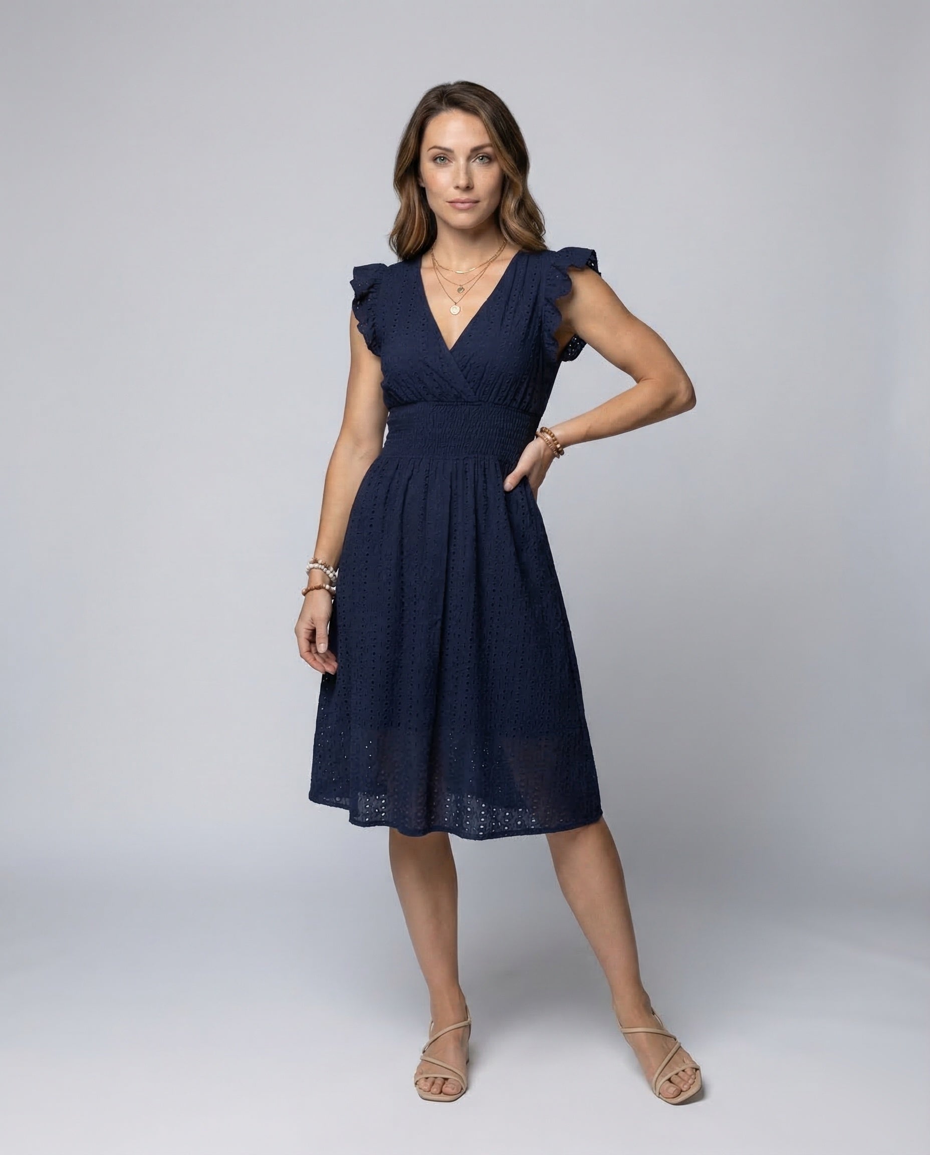 Damen Midikleid mit Lochstickerei und Rüschenärmel - Norvielle
