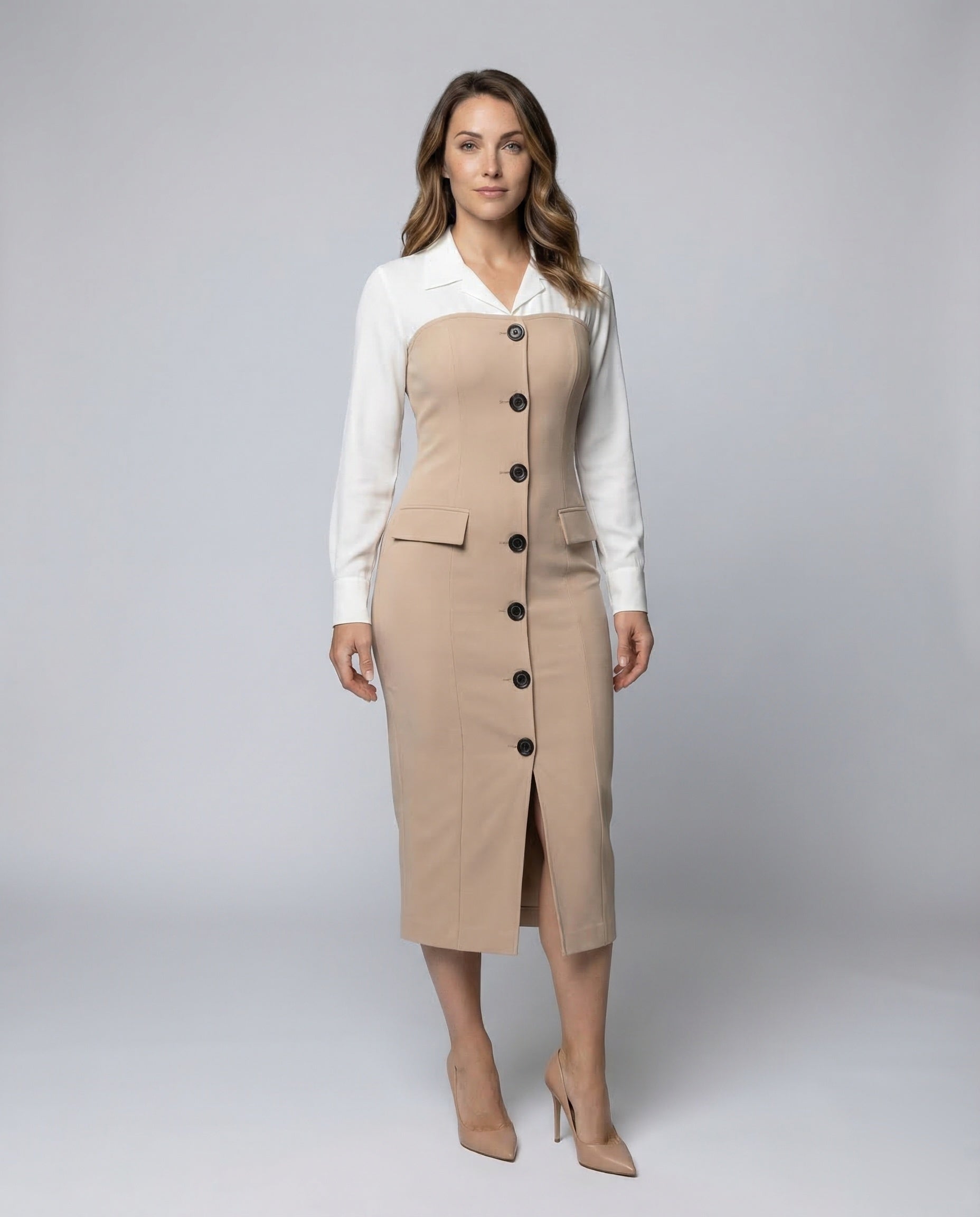 Damen Bleistiftkleid mit Hemdkragen und Zierpatten - Norvielle