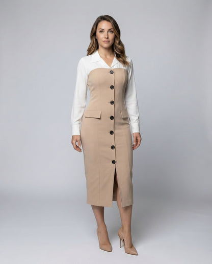 Damen Bleistiftkleid mit Hemdkragen und Zierpatten - Norvielle