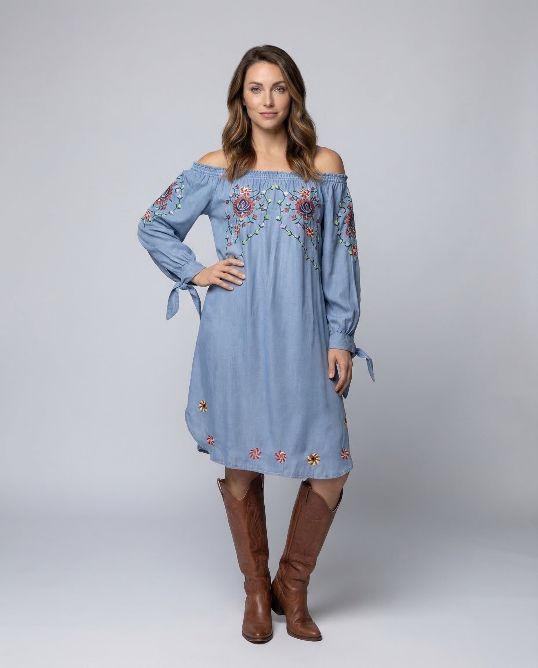 Damen Boho Kleid Smockierter Ausschnitt Blau - Norvielle