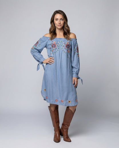 Damen Boho Kleid Smockierter Ausschnitt Blau - Norvielle