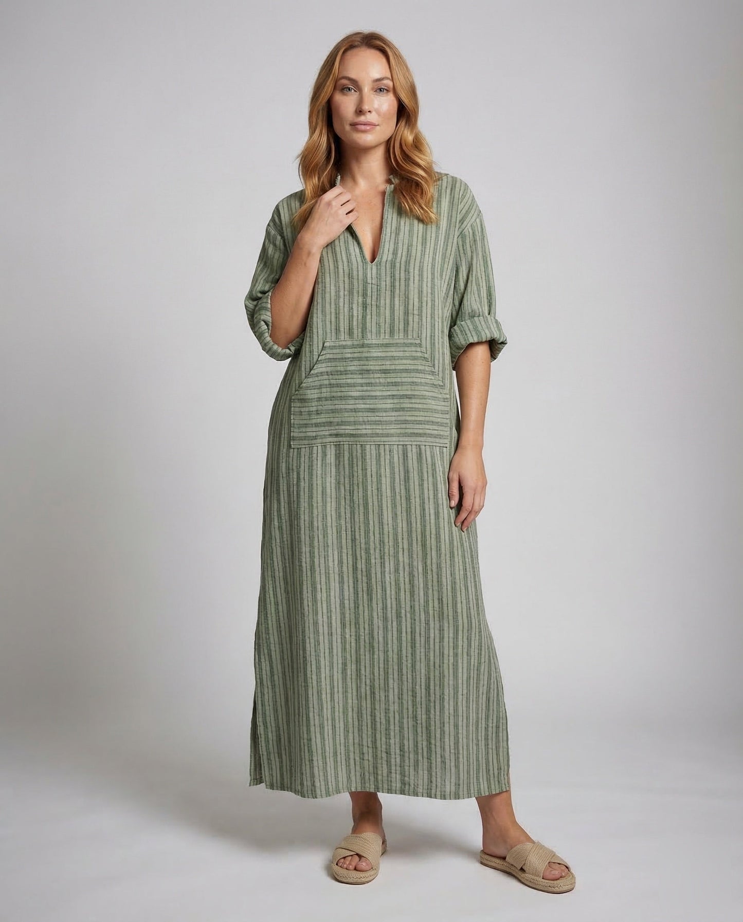 Damen Maxikleid Leinen Streifen Optik - Norvielle