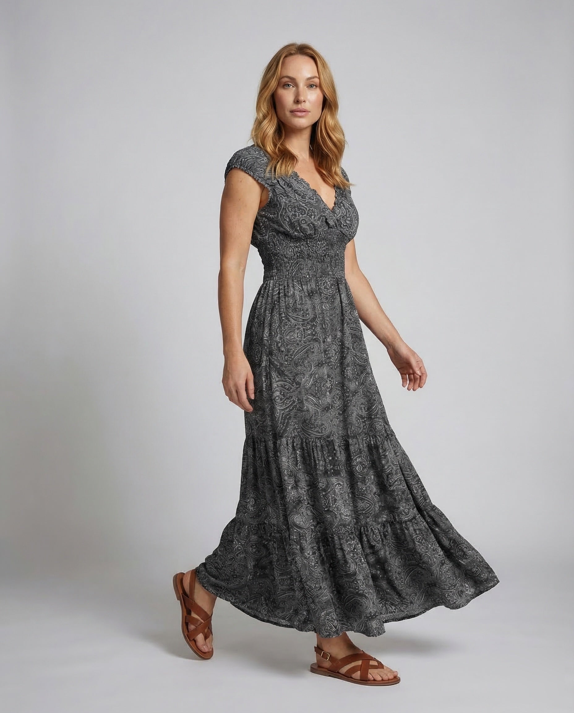 Damen Maxikleid Kappenärmel Volantrock Boho-Stil - Norvielle