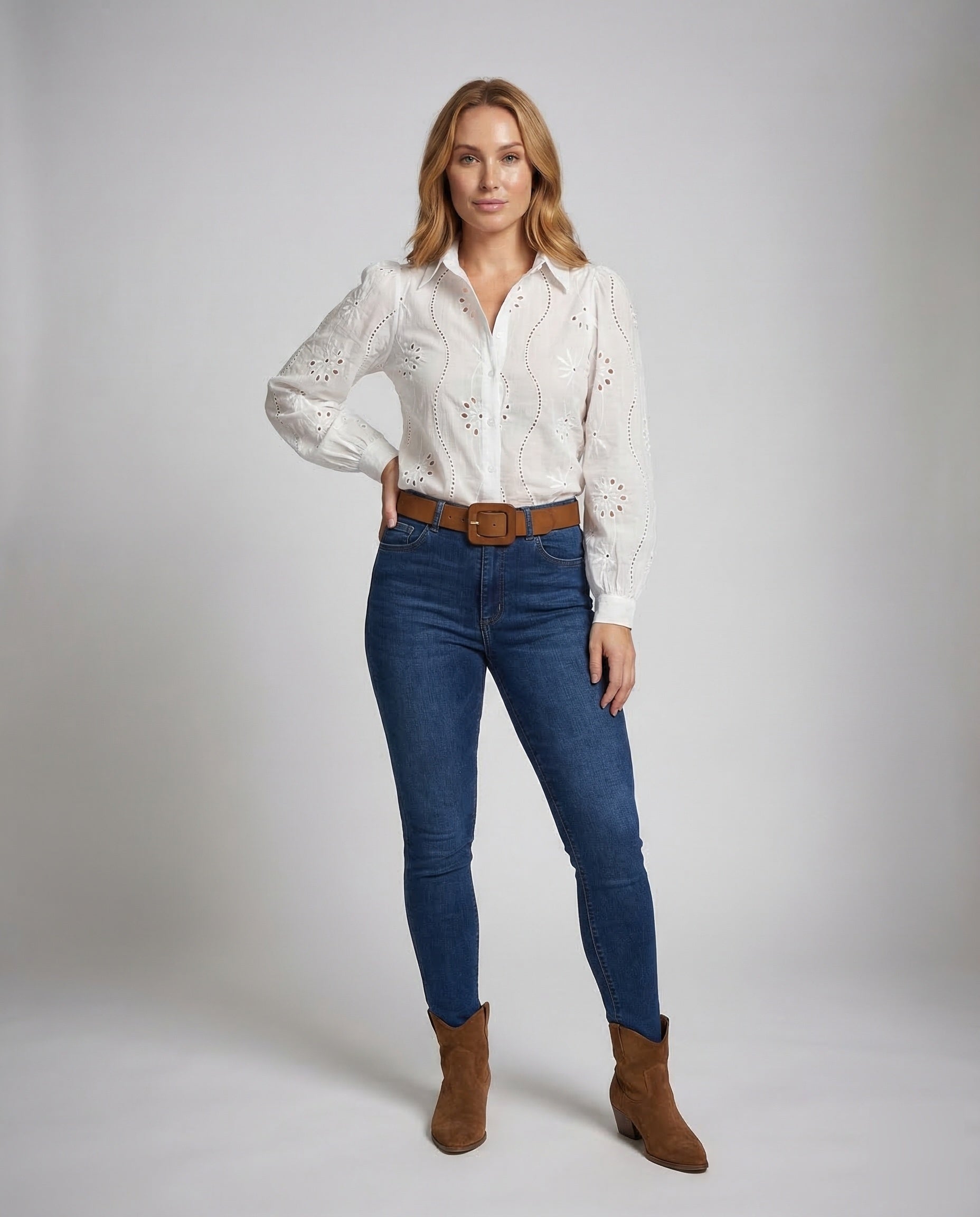 Damen Hemdbluse Puffärmel Broderie Anglaise - Norvielle