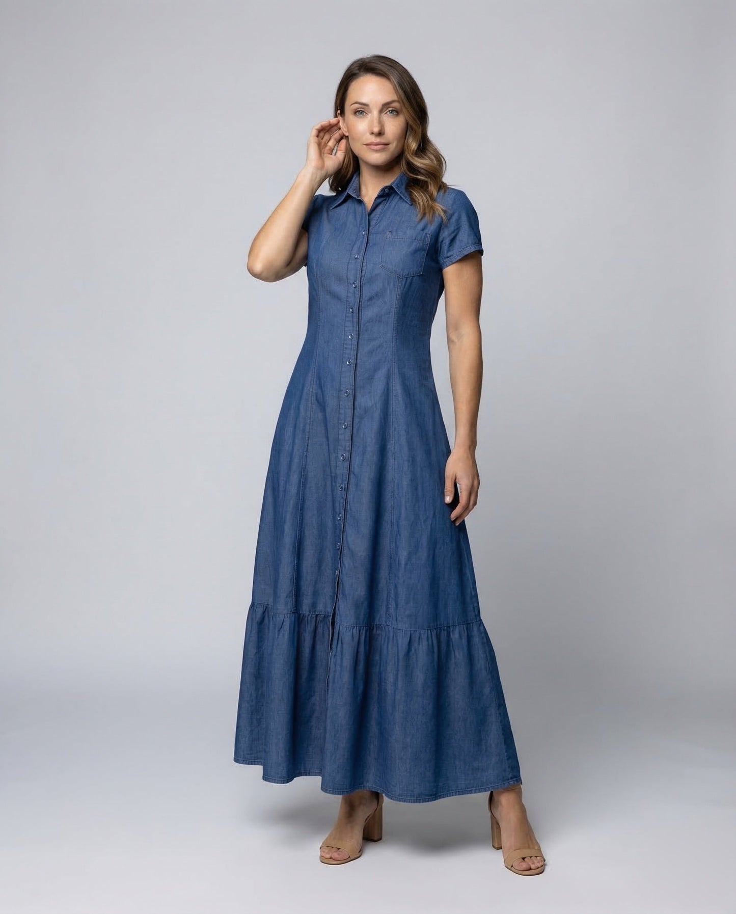 Damen Maxikleid mit Hemdblusenkragen und Stufenvolant - Norvielle