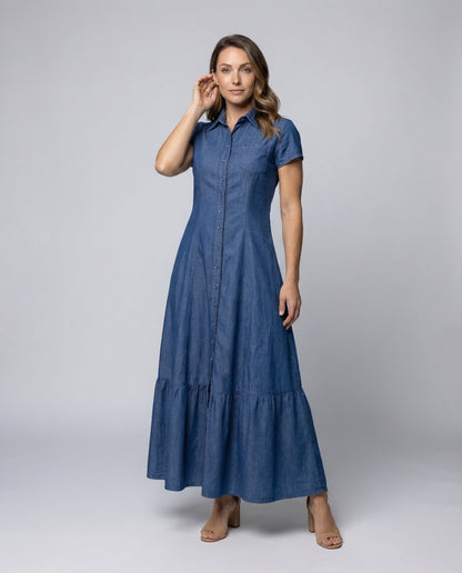 Damen Maxikleid mit Hemdblusenkragen und Stufenvolant - Norvielle