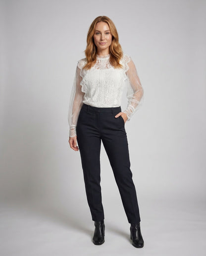 Damen Spitzenbluse Transparente Tüllärmel Weiß - Norvielle