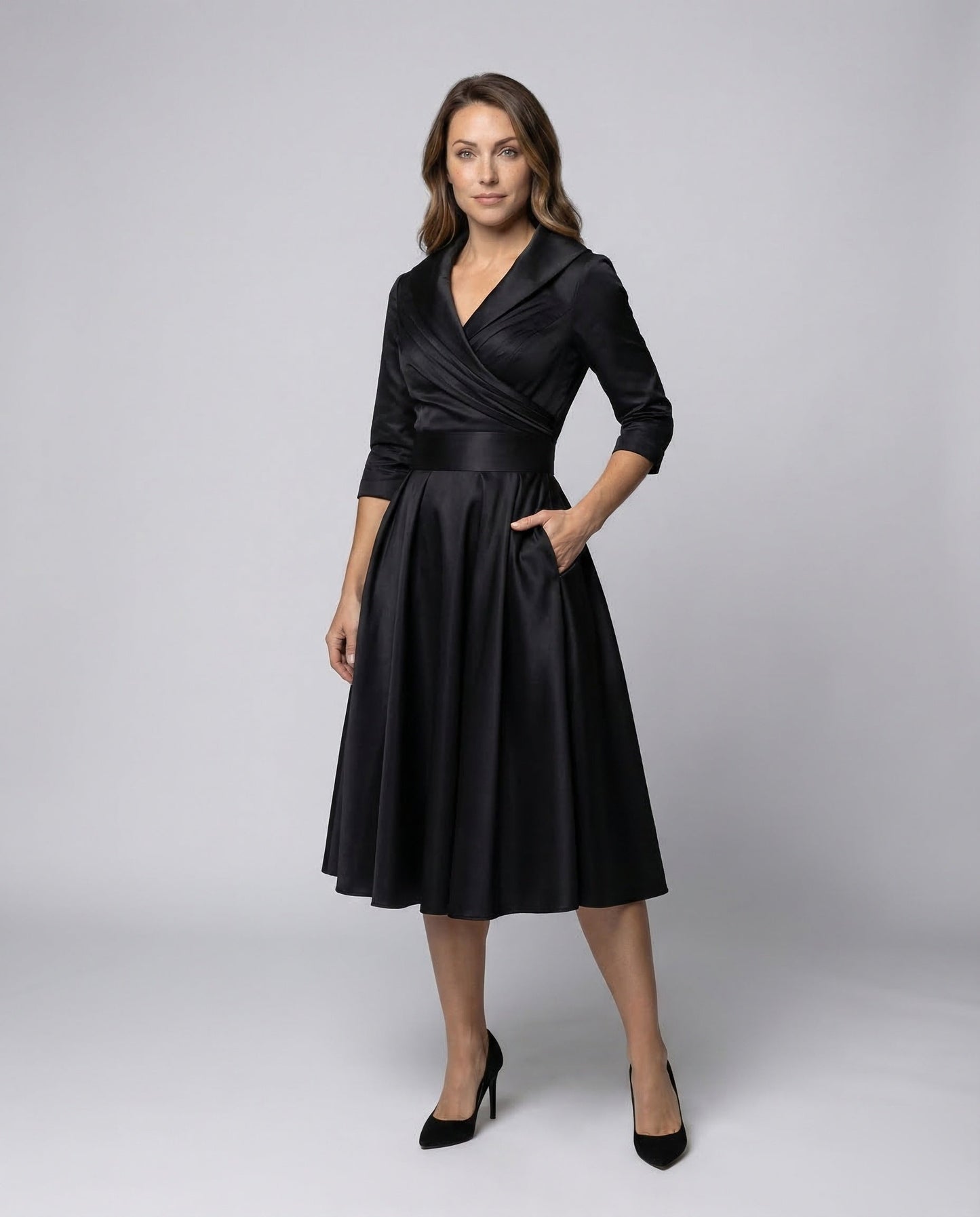 Damen Satin Midikleid Wickeloberteil Schalkragen - Norvielle