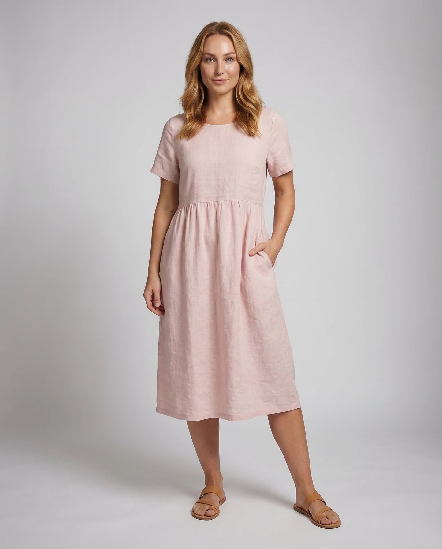 Damen Midikleid Leinen-Baumwoll-Mischung Unterbrust-Raffung - Norvielle