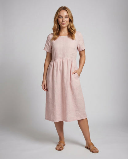 Damen Midikleid Leinen-Baumwoll-Mischung Unterbrust-Raffung - Norvielle