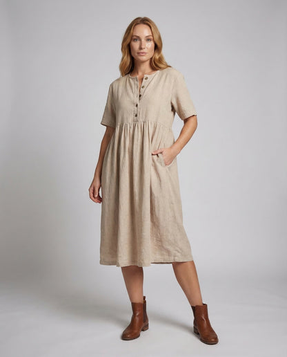 Damen Leinen-Baumwoll-Kleid Kurz Mit Knöpfen - Norvielle