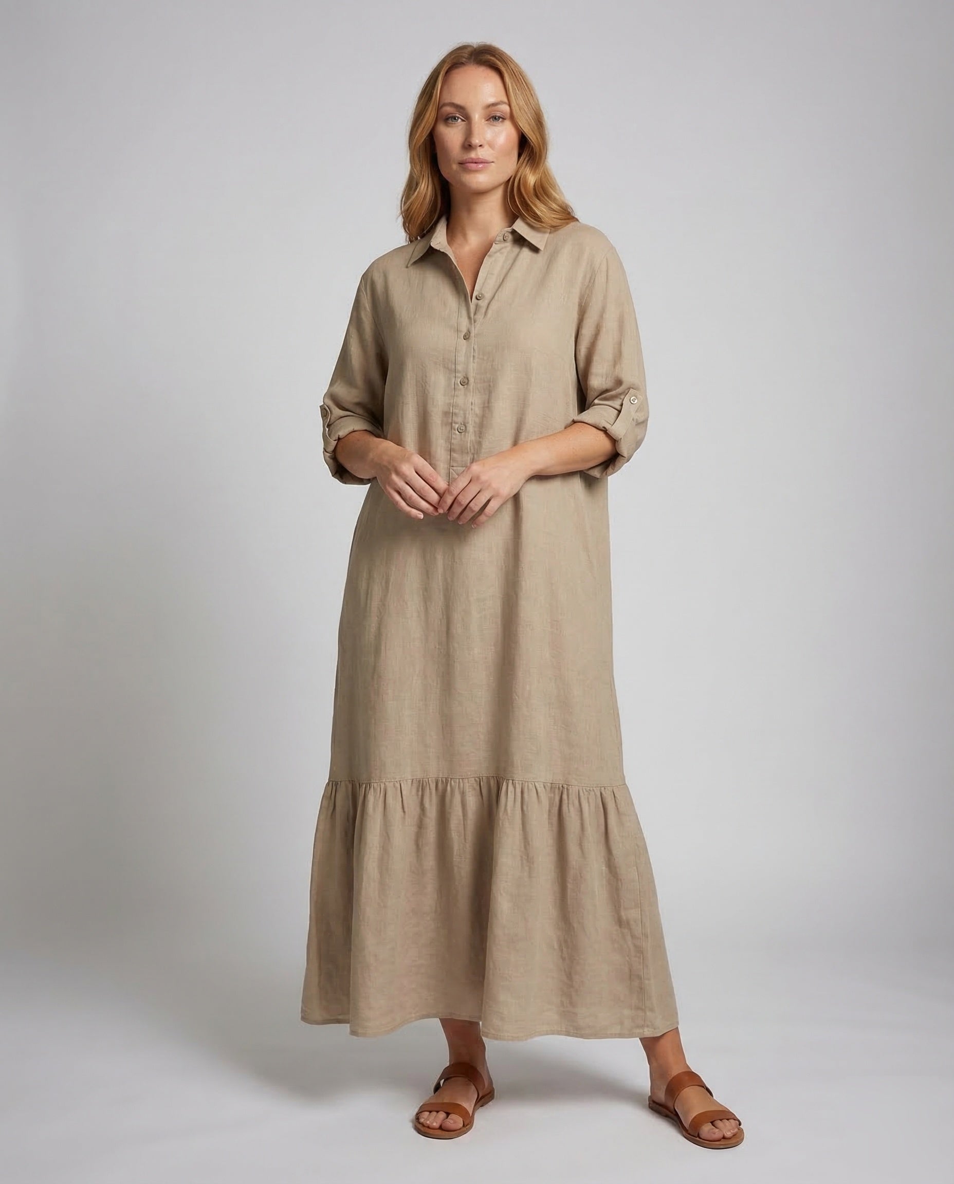 Damen Maxikleid Hemd-Schnitt Volantkante - Norvielle