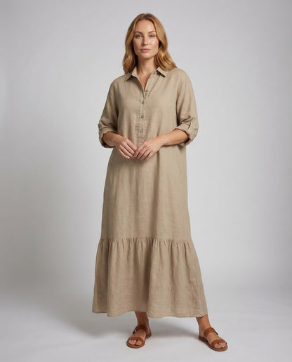 Damen Maxikleid Hemd-Schnitt Volantkante - Norvielle