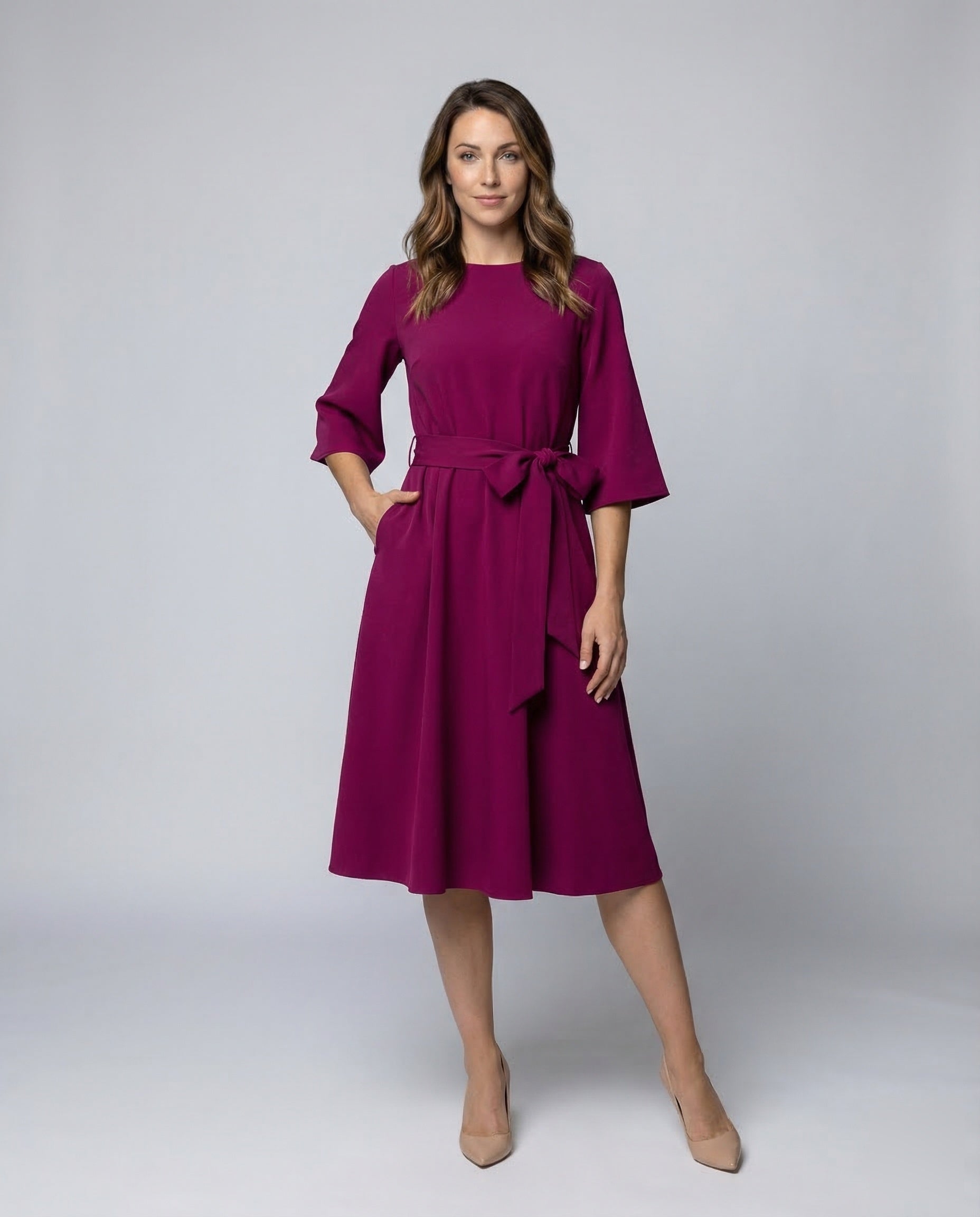 Damen A-Linienkleid mit Taillengürtel und Ballonärmeln - Norvielle