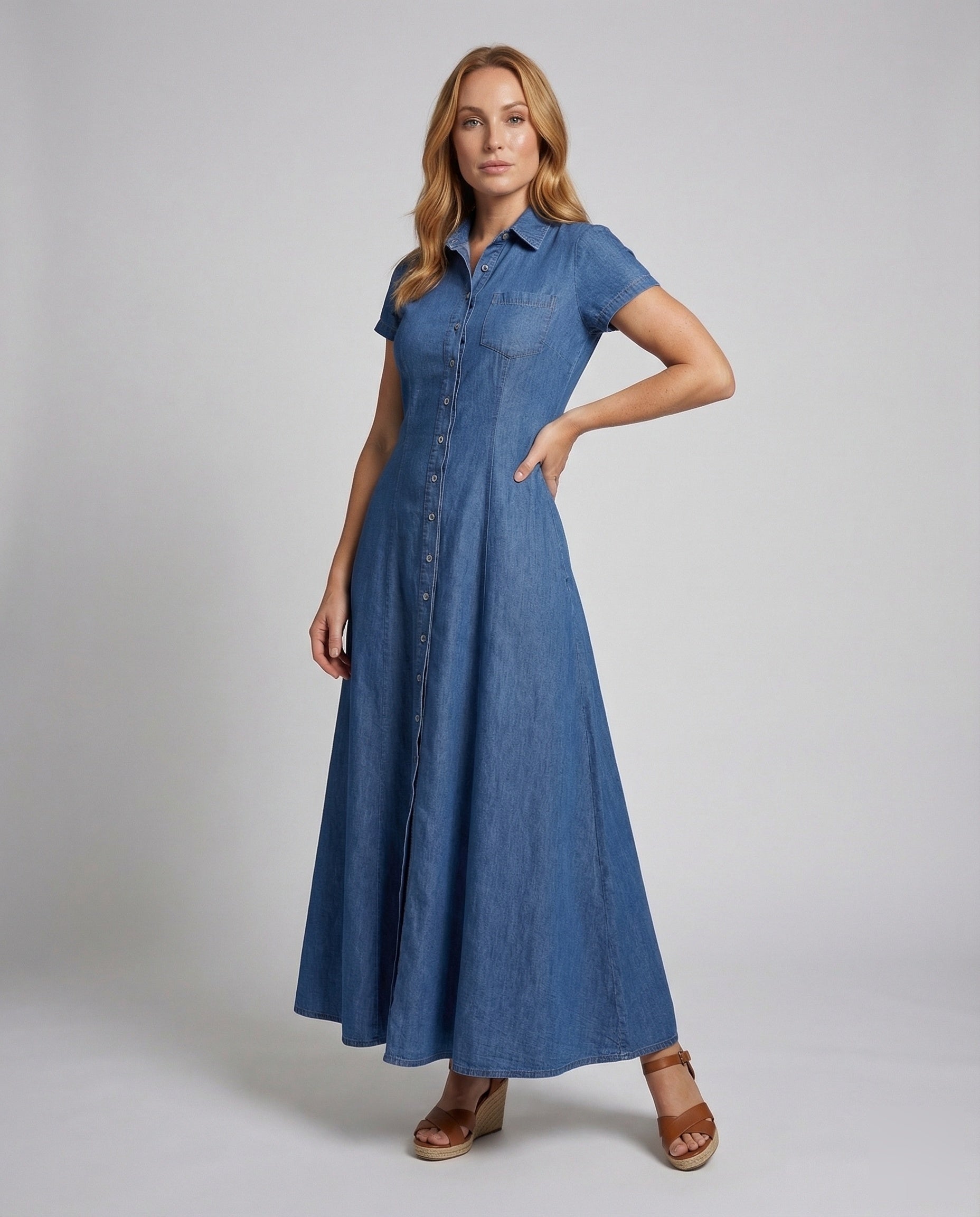 Damen Maxikleid Jeansoptik Stufenrock - Norvielle