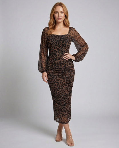 Damen Midikleid Leopardenmuster Ballonärmel - Norvielle
