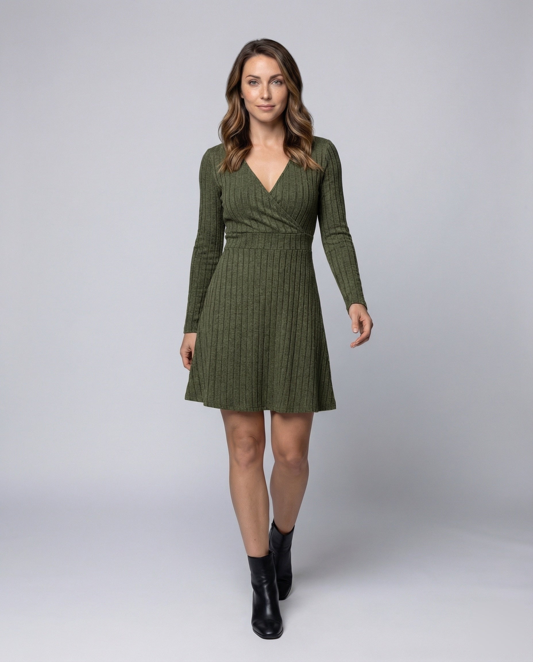 Damen Wickelkleid A-Linie Rippstrick Taillierte - Norvielle