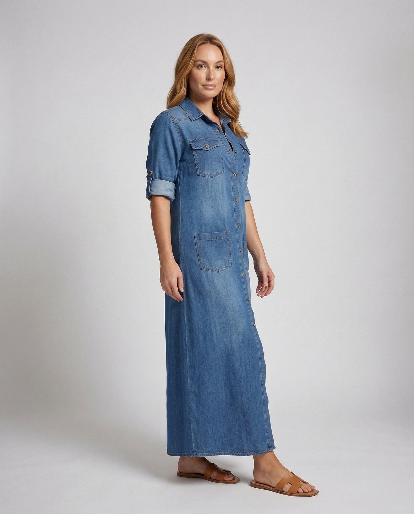 Damen Jeanskleid mit Hüfttaschen und Blusenoptik - Norvielle