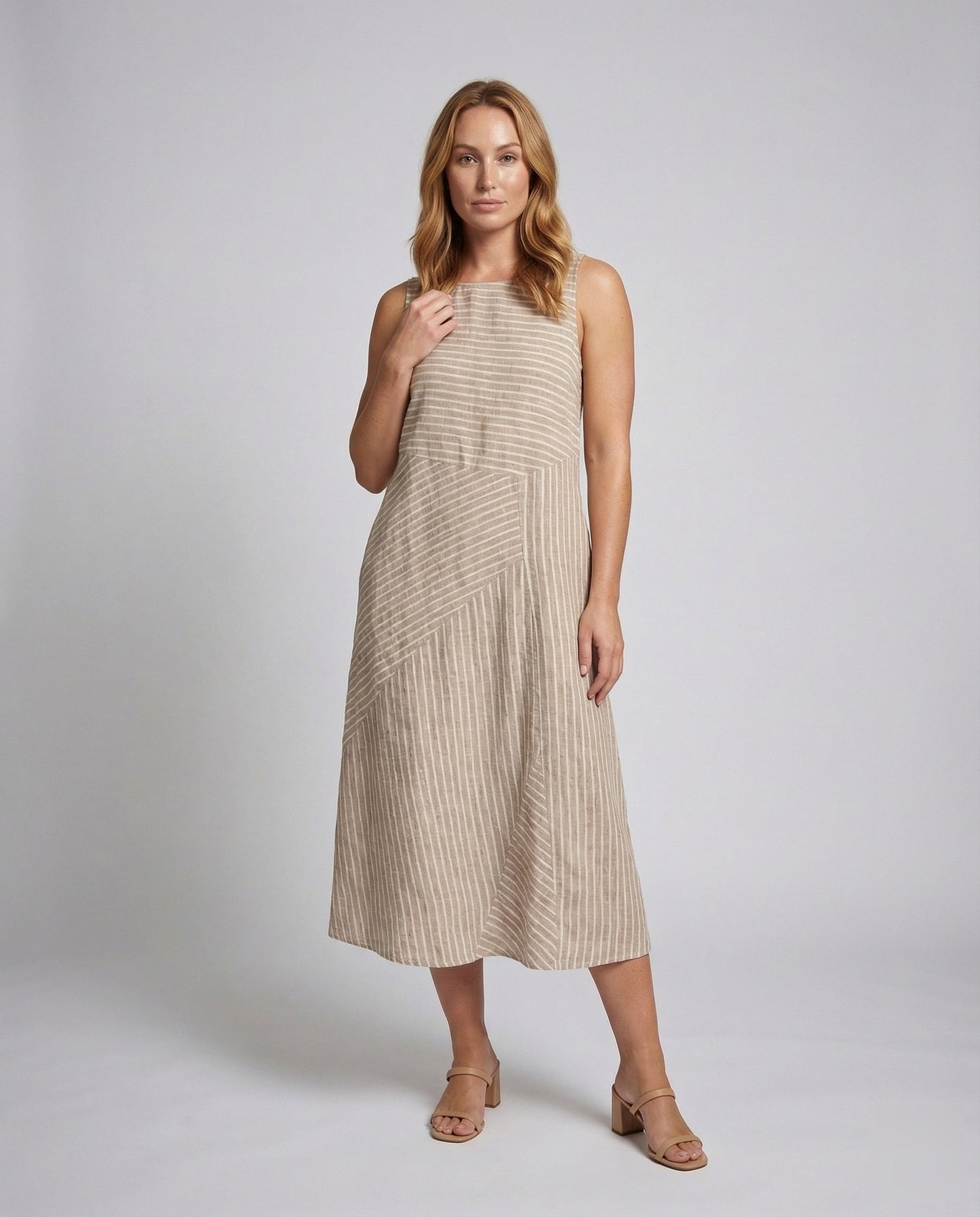 Damen Midikleid Leinenmix Diagonale Streifenoptik - Norvielle