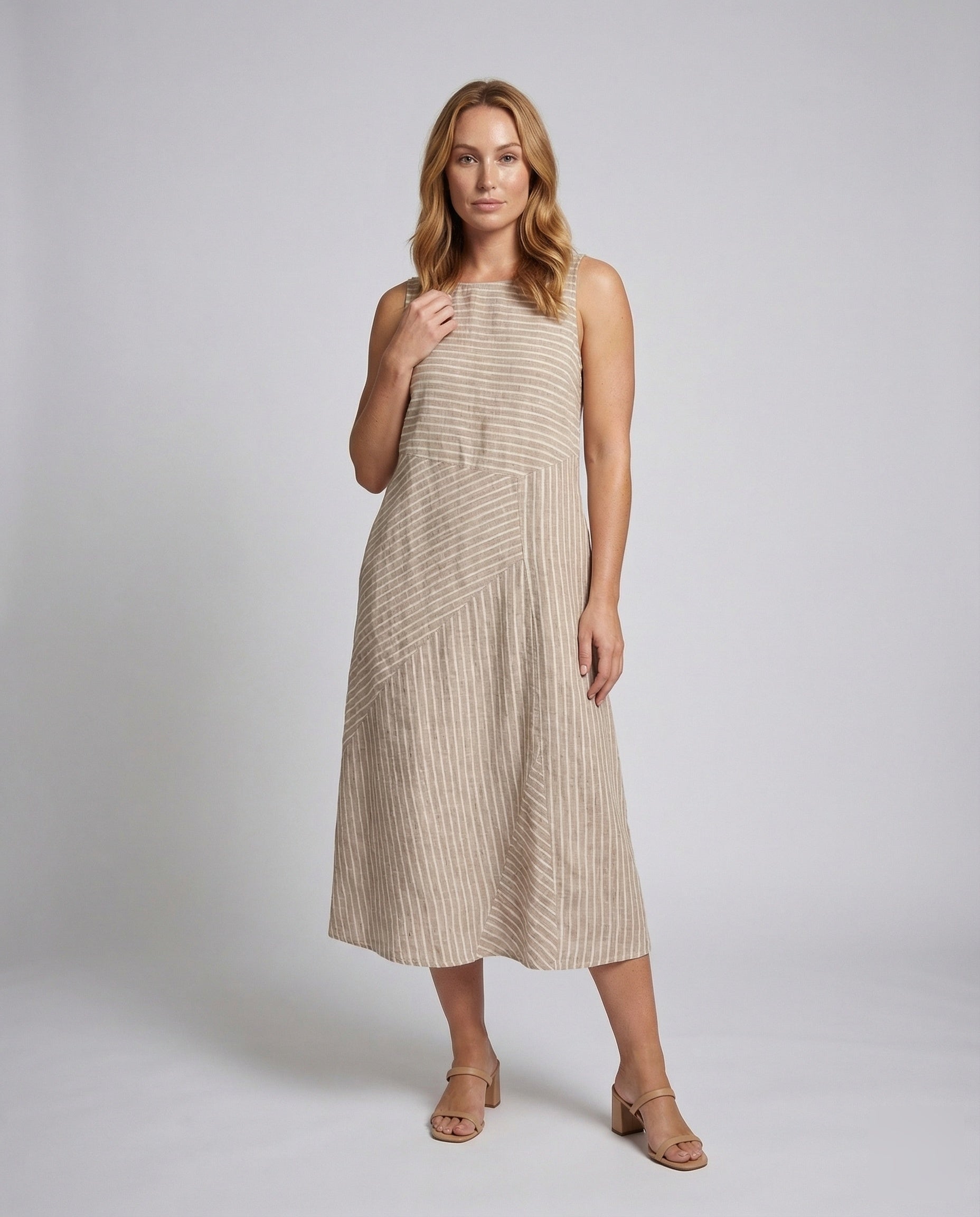 Damen Midikleid Leinenmix Diagonale Streifenoptik - Norvielle