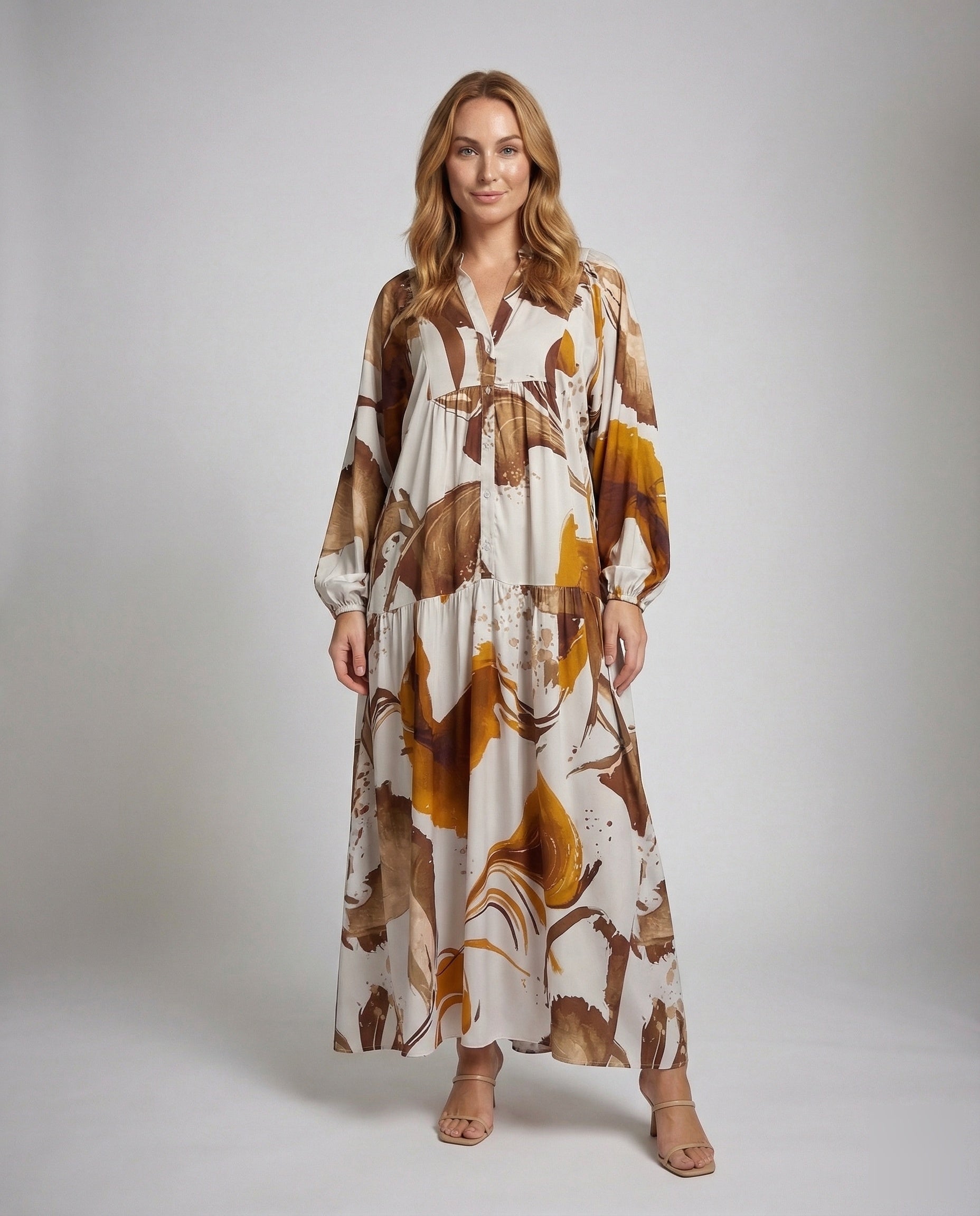 Damen Maxikleid mit Stufenrock und Ballonärmeln - Norvielle