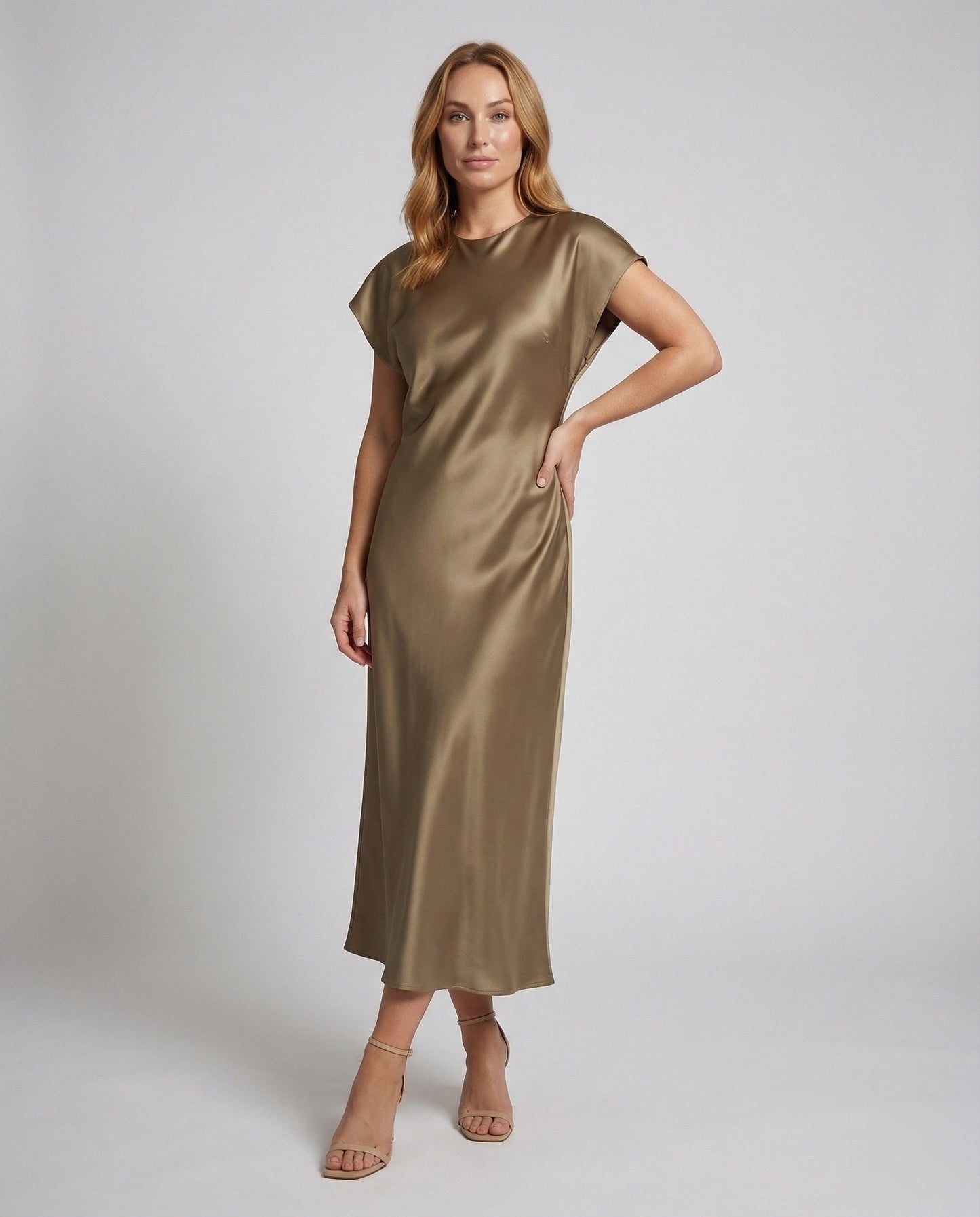 Damen Satin Maxikleid Cap-Ärmel mit Schlüssellochverschluss - Norvielle