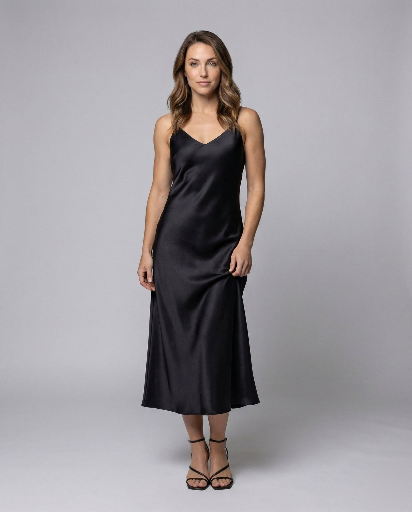 Damen Maxikleid Satin V-Ausschnitt Schwarz - Norvielle