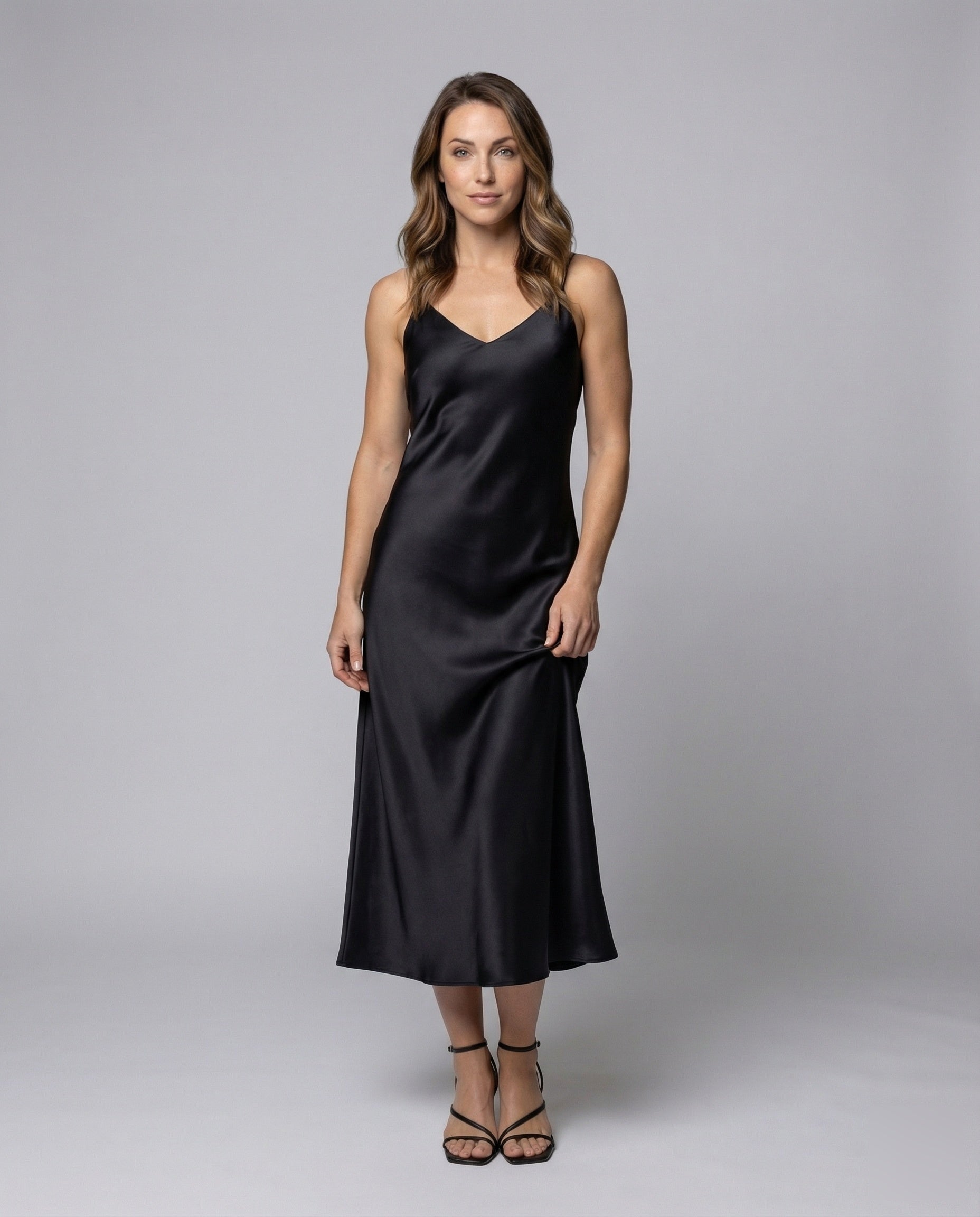 Damen Maxikleid Satin V-Ausschnitt Schwarz - Norvielle