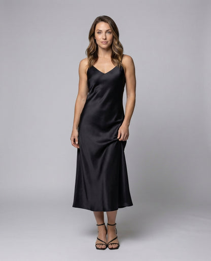 Damen Maxikleid Satin V-Ausschnitt Schwarz - Norvielle