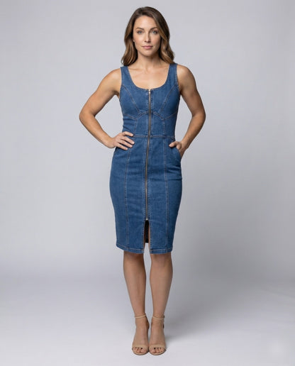 Damen Jeans-Kleid mit Metallreißverschluss und Nahtpaneele - Norvielle