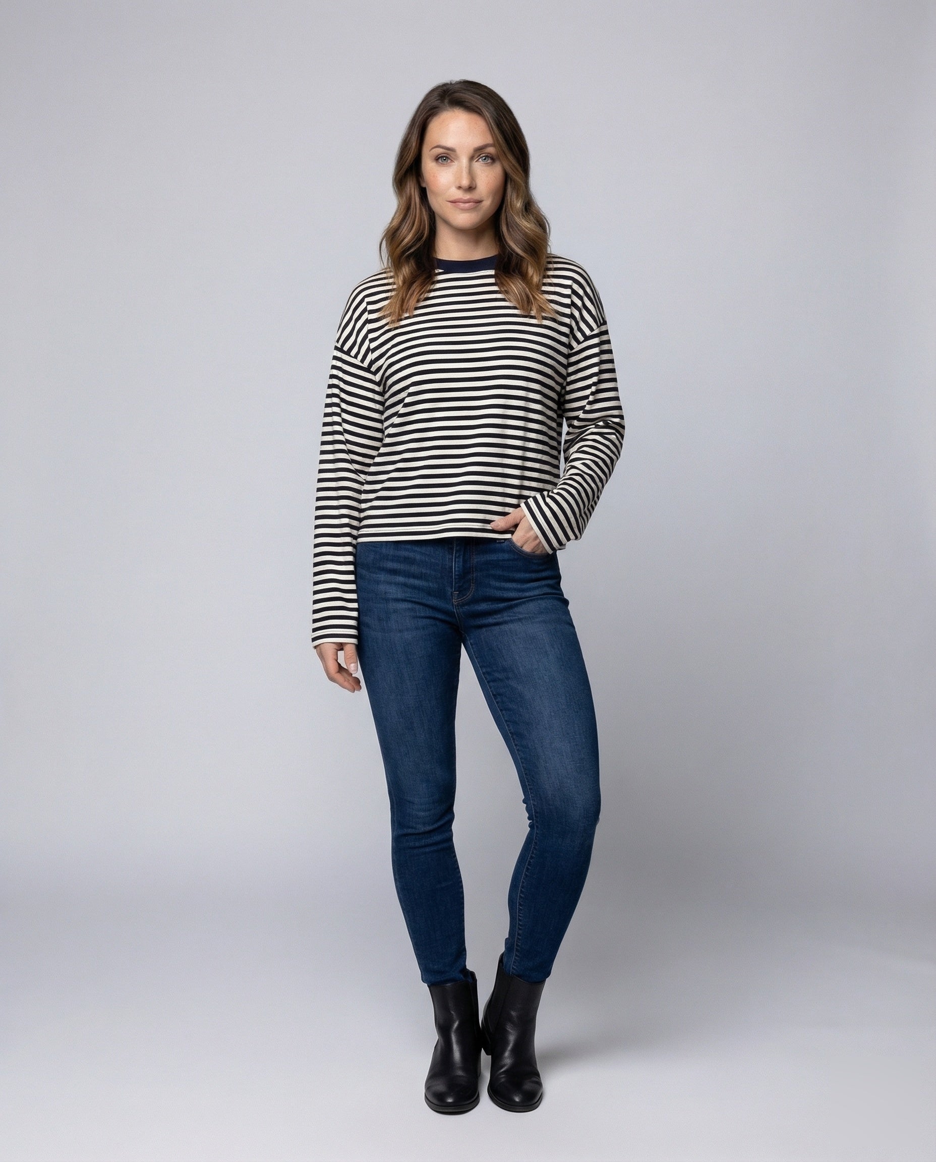 Damen Langarmshirt Breton-Stil Boxy-Schnitt Weiß - Norvielle