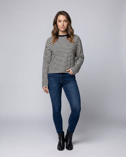 Damen Langarmshirt Breton-Stil Boxy-Schnitt Weiß - Norvielle