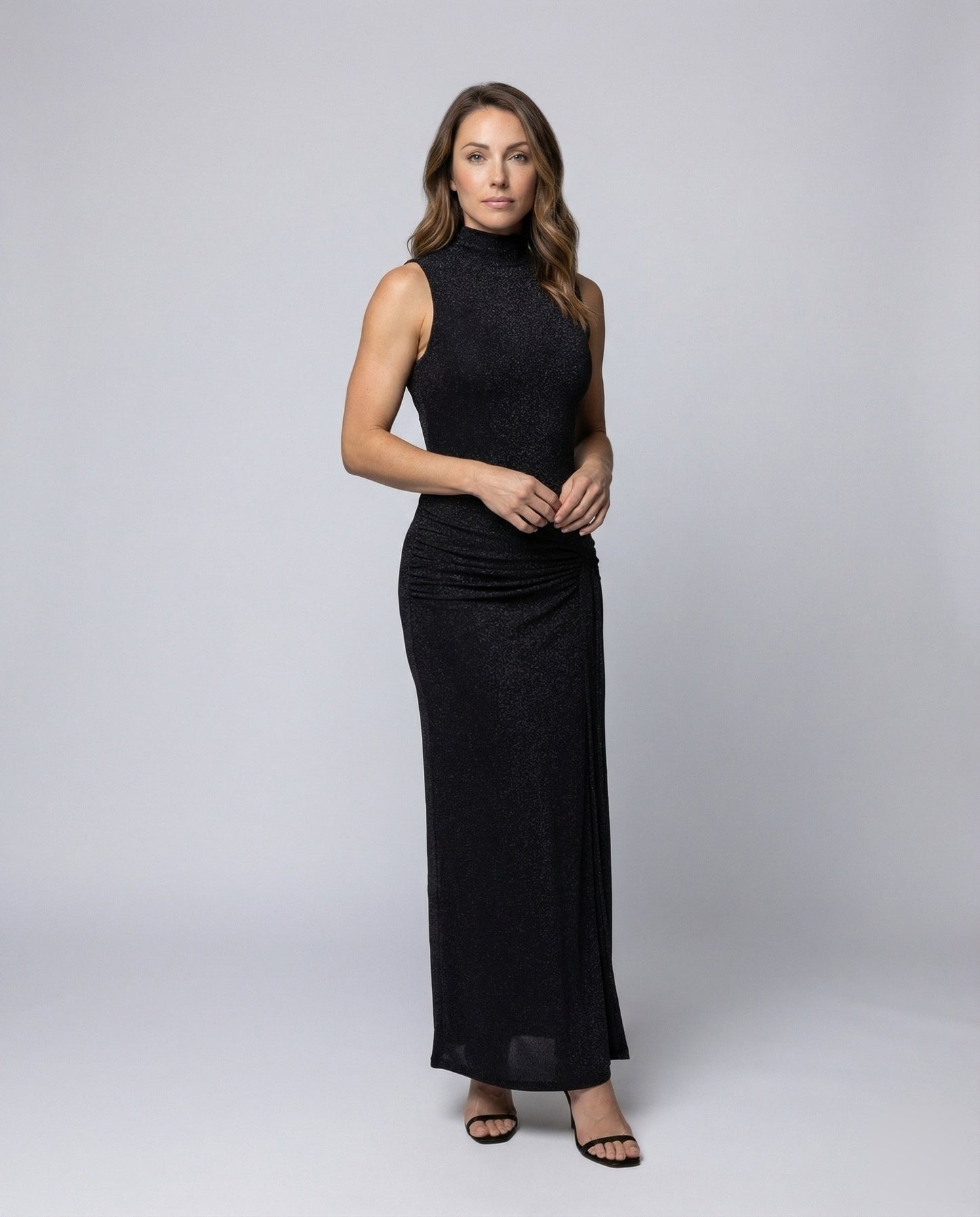 Damen Maxikleid Glitzer Stehkragen Seitliche Drapierung - Norvielle