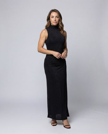 Damen Maxikleid Glitzer Stehkragen Seitliche Drapierung - Norvielle