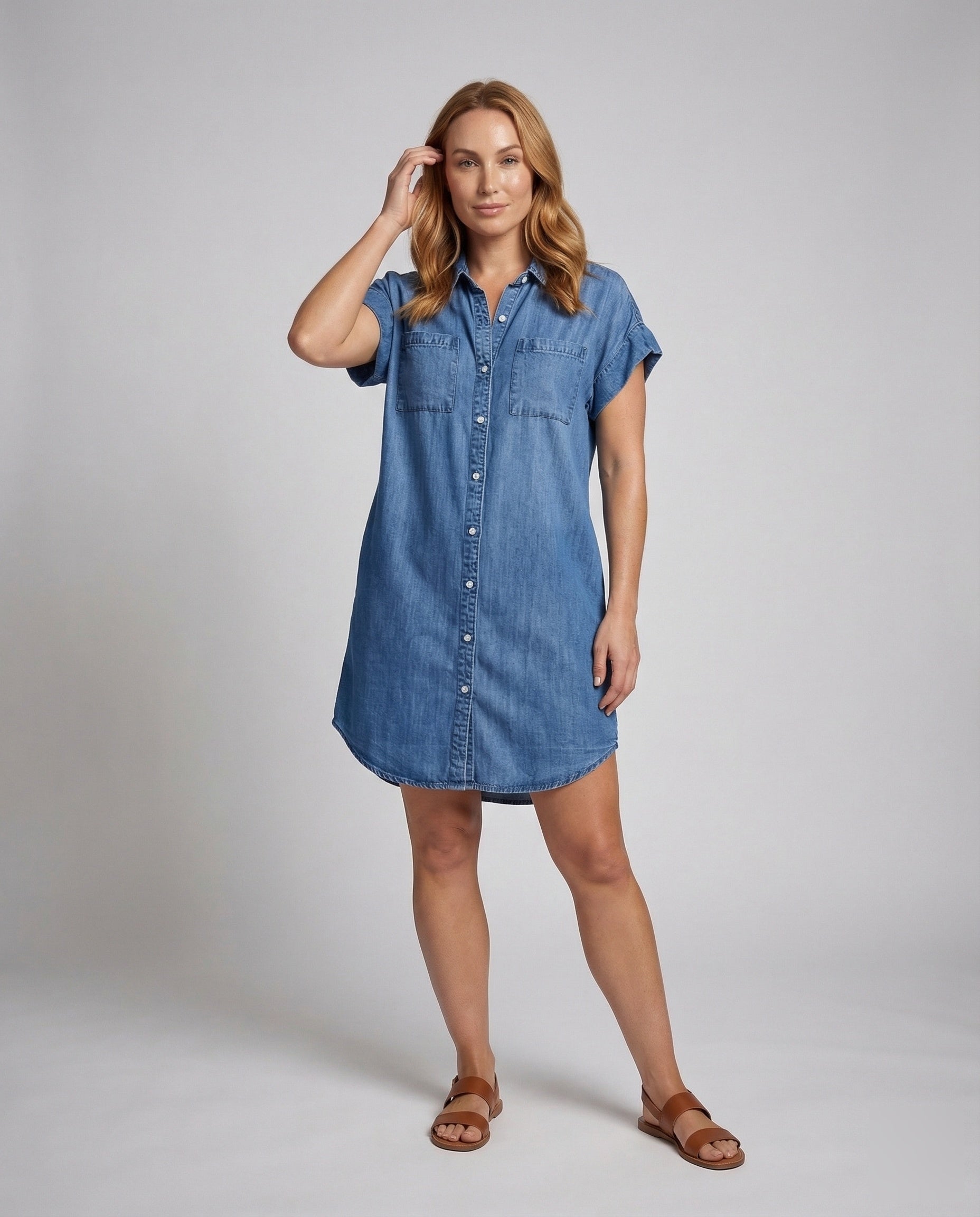 Damen Denim-Kleid Perlmuttknöpfe Bluse-Style - Norvielle
