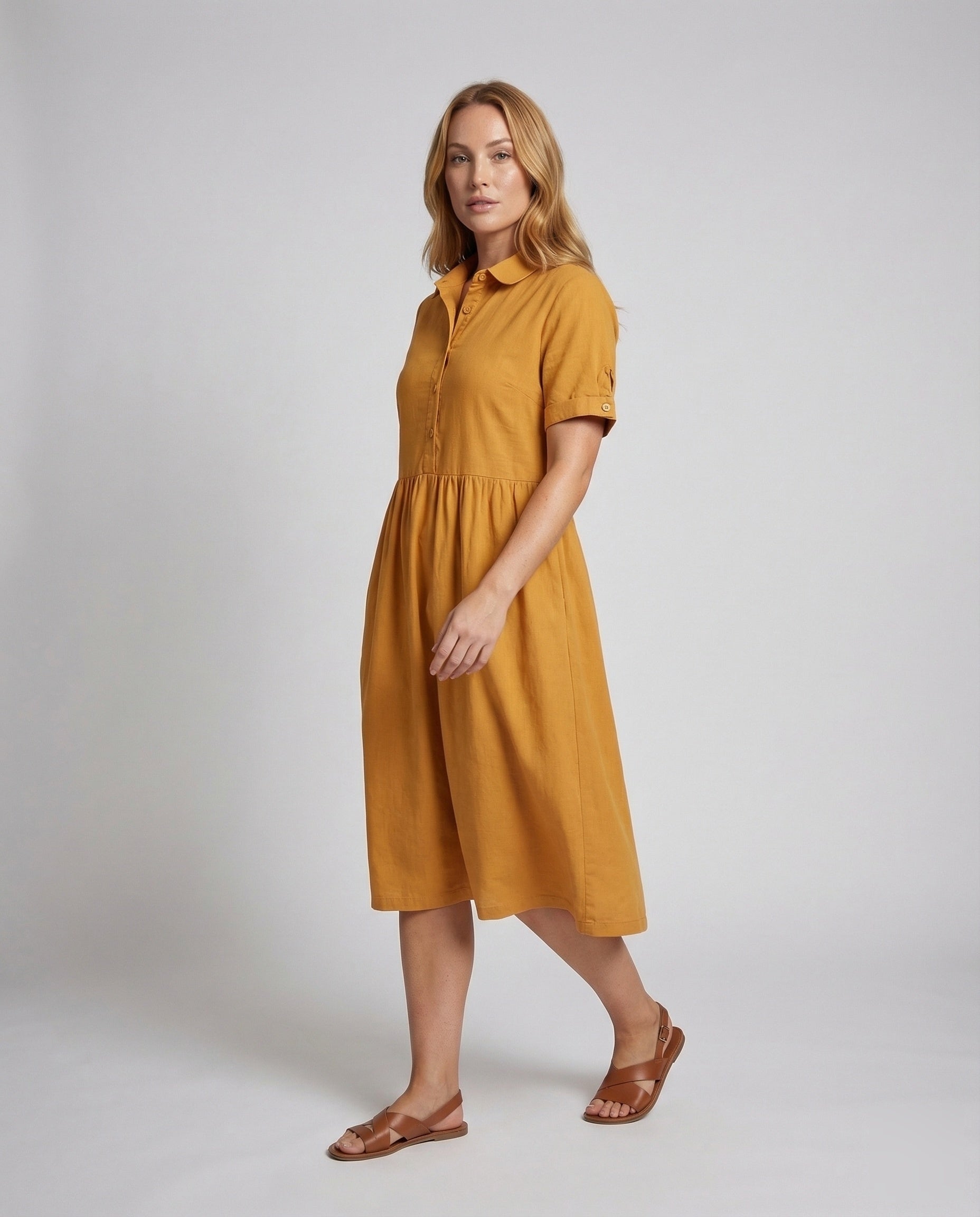 Damen Midikleid Hemdstyle Taillenraffung Kurzärmel - Norvielle