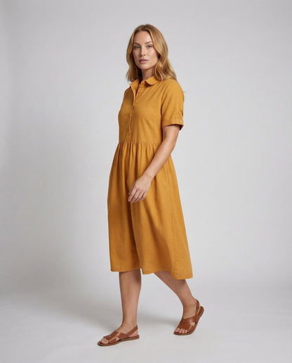 Damen Midikleid Hemdstyle Taillenraffung Kurzärmel - Norvielle