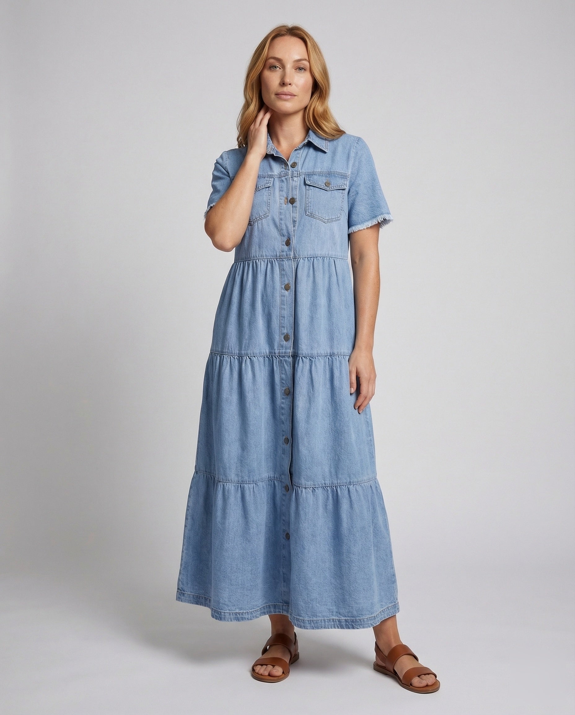Damen Maxikleid Jeans Hemdblusenstil Stufenrock - Norvielle
