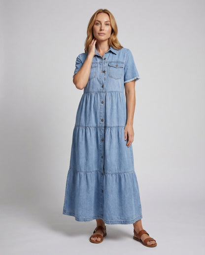 Damen Maxikleid Jeans Hemdblusenstil Stufenrock - Norvielle