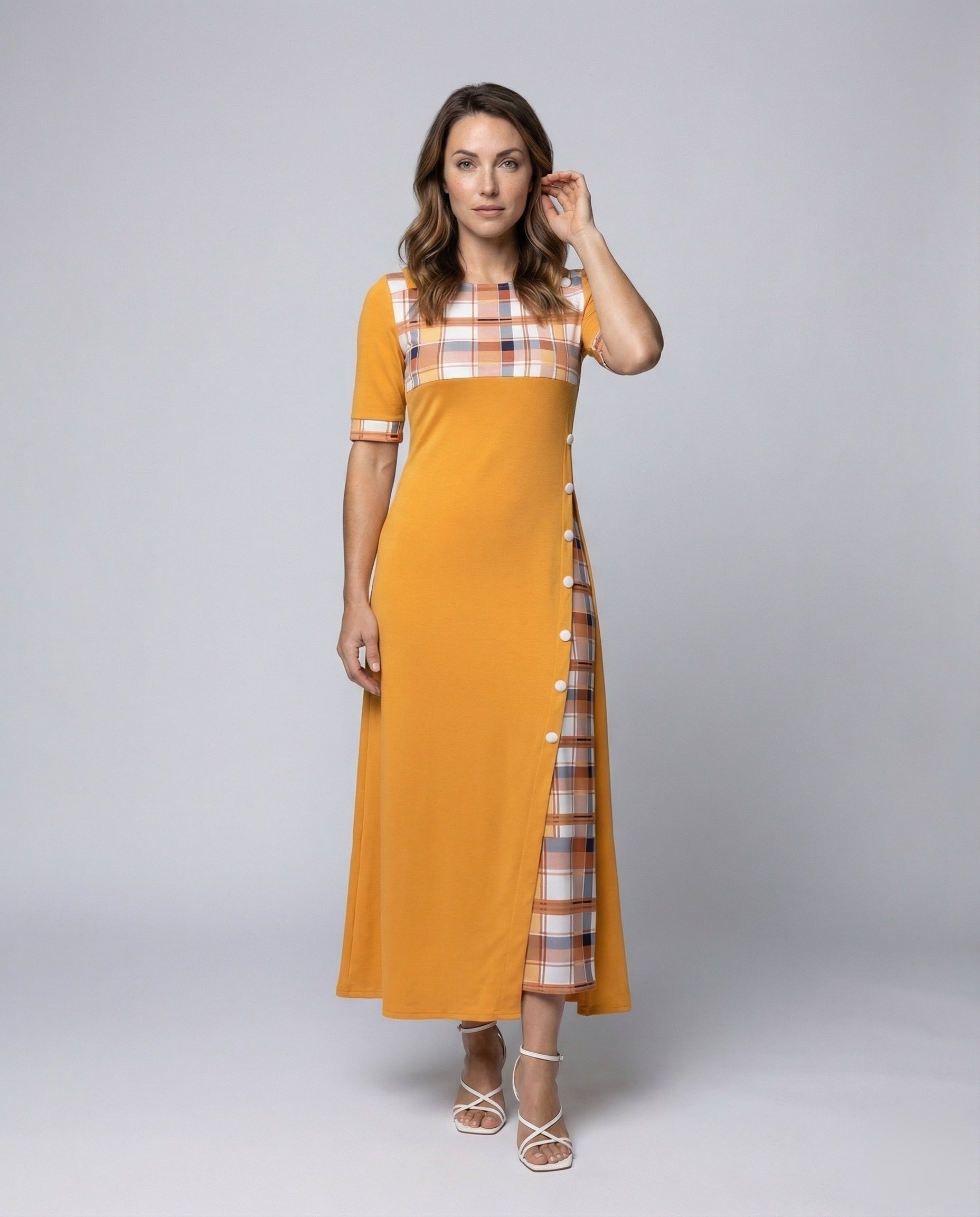 Damen Maxikleid Karierter Brustbesatz Jersey-Stoff - Norvielle
