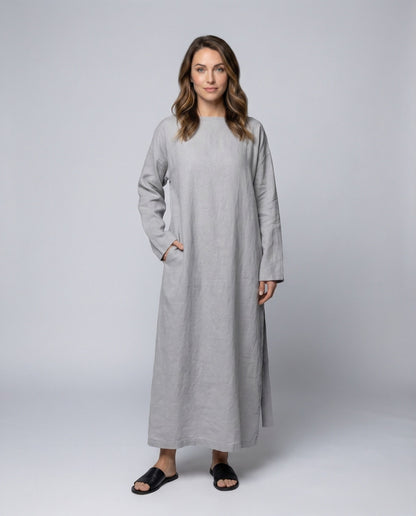 Damen Leinenkleid mit Taillenschärpe und Dreiviertelärmel - Norvielle