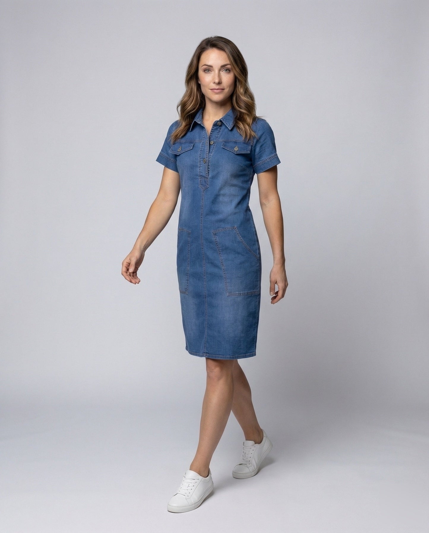 Damen Denimkleid Mit Brusttaschen Knielang - Norvielle