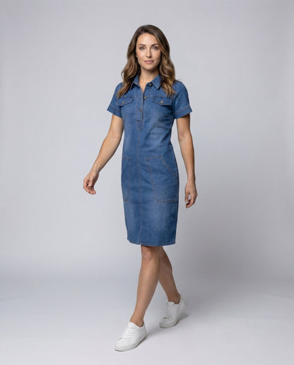 Damen Denimkleid Mit Brusttaschen Knielang - Norvielle