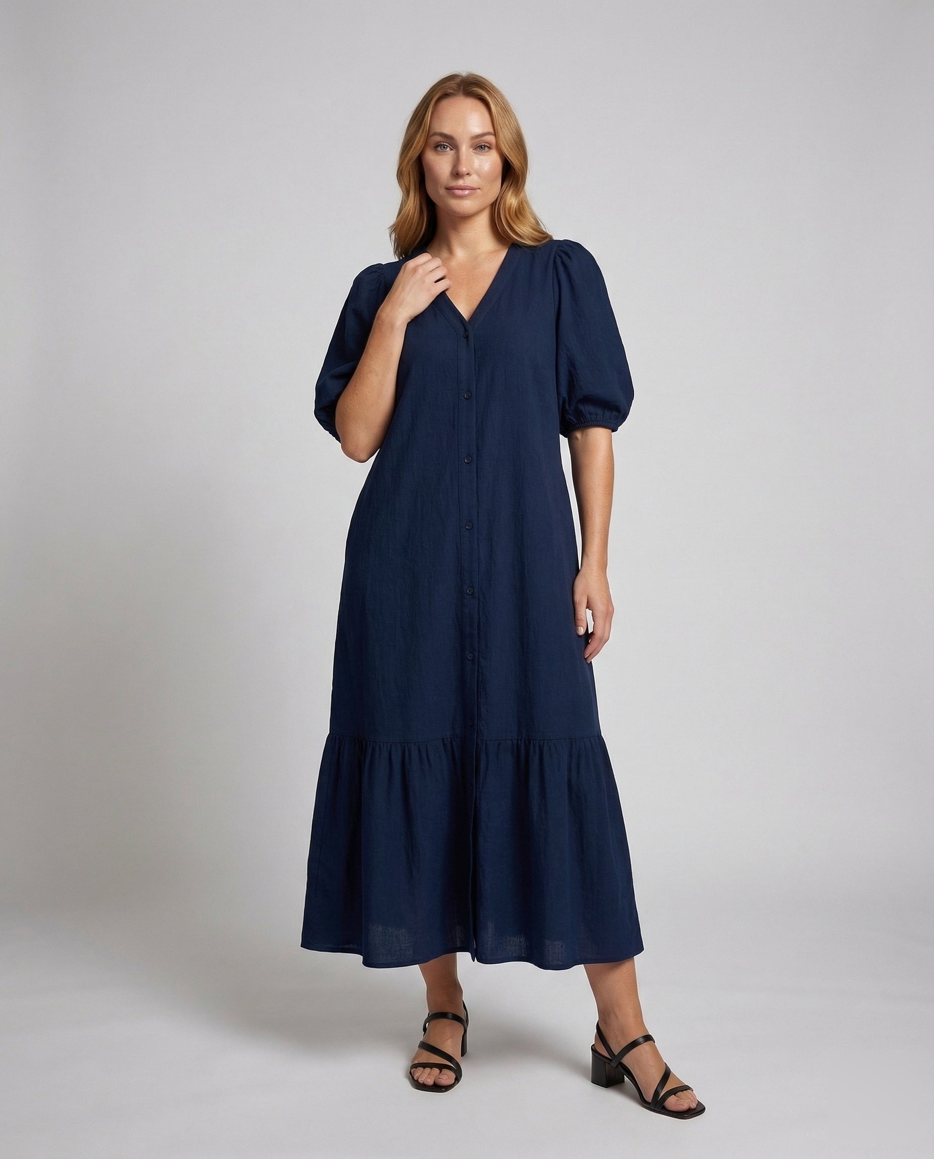 Damen Maxikleid Baumwoll Leinen Puffärmel Stufenrock - Norvielle